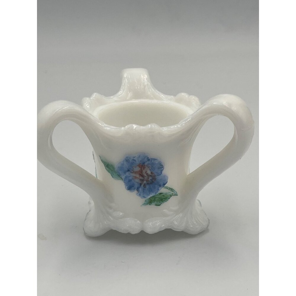 KEMPLE VTG Milk Glass Toothpick Holder Triple Handle Pansy Flower Design Cottage